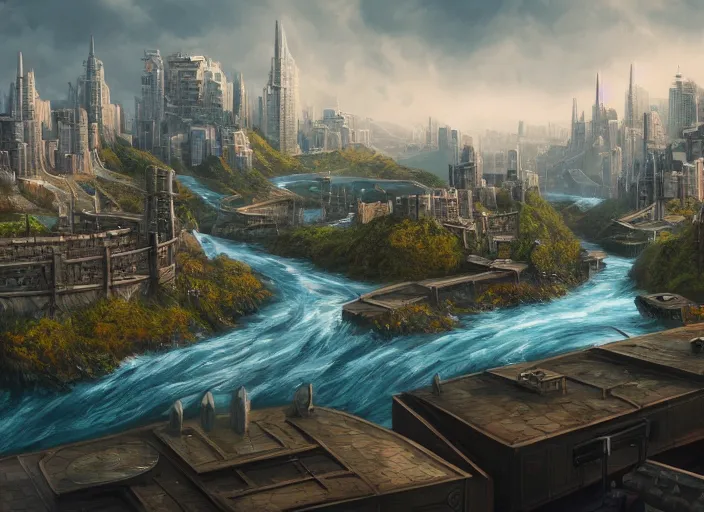 Image similar to wide shot, establishing shot of a modern day dungeons and dragons city with a river, trending on artstation, digital art, 4 k, 8 k