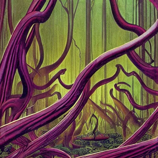 Image similar to A forest of giant man-eating carnivorous plants in the jungles of Venus. Pulp sci-fi.