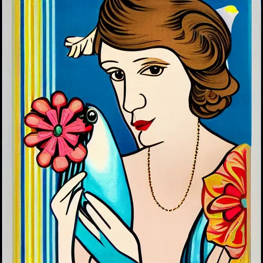 Prompt: a woman in a hospital bed, a bird with a fish in its beak and a heart that pumps on its chest. oil on canvas art deco design of a woman's head and flowers, in the art deco style.