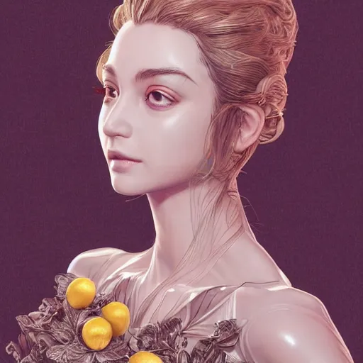 Image similar to the portrait of an absurdly beautiful, graceful, elegant, sophisticated, young idol made up of lemons, an ultrafine hyperdetailed illustration by kim jung gi, irakli nadar, intricate linework, bright colors, octopath traveler, final fantasy, unreal engine 5 highly rendered, global illumination, radiant light, detailed and intricate environment