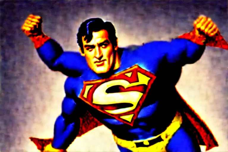 Prompt: rock hudson playing superman in, superhero, dynamic, 3 5 mm lens, heroic, studio lighting, in colour
