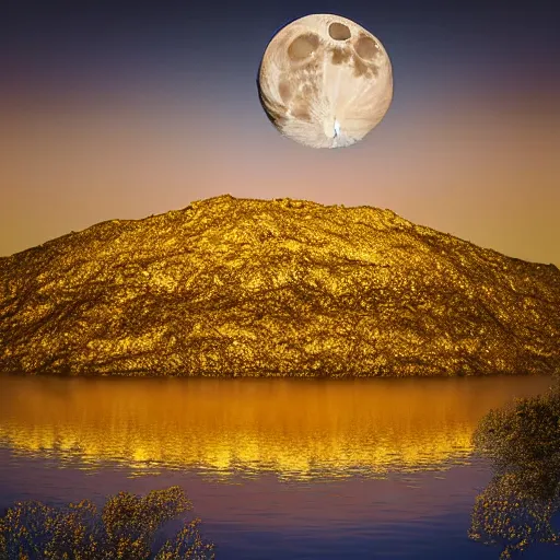 Image similar to The moon covered in lakes of liquid gold realistic photograph