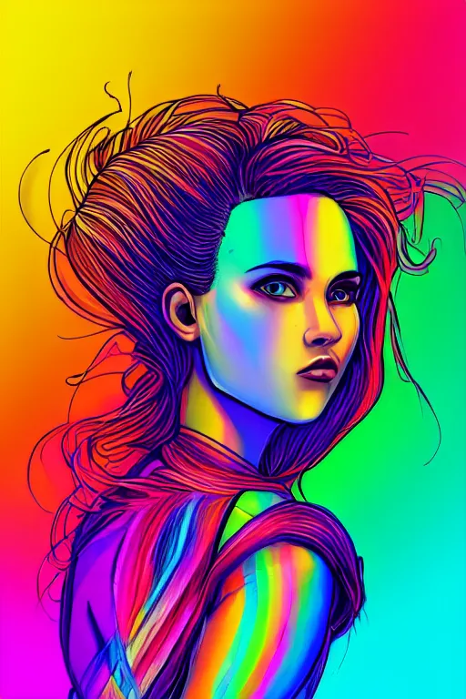 Image similar to a award winning half body portrait of a beautiful woman with stunning eyes in a croptop and cargo pants with rainbow colored ombre hairstyle head in motion and hair flying by josan gonzales, neon outlines, outrun, vaporware, shaded flat illustration, digital art, trending on artstation, highly detailed, fine detail, intricate