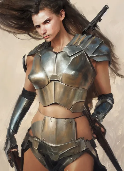 Prompt: a professional painting of a beautiful young female, partially clothed in battle armor, olive skin, long dark hair, beautiful bone structure, symmetrical facial features, intricate, elegant, digital painting, concept art, smooth, sharp focus, illustration, from Metal Gear, by Ruan Jia and Mandy Jurgens and Greg Rutkowski and Artgerm and William-Adolphe Bouguerea