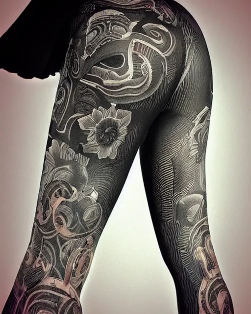 Prompt: Perfect leggings pattern imitating tattoos, focus on the pants, completely frontal and 100 percent symmetrical close-up on legs, highly detailed, digital painting, artstation, concept art, smooth, sharp focus, illustration, art by Artgerm and Hajime Sorayama