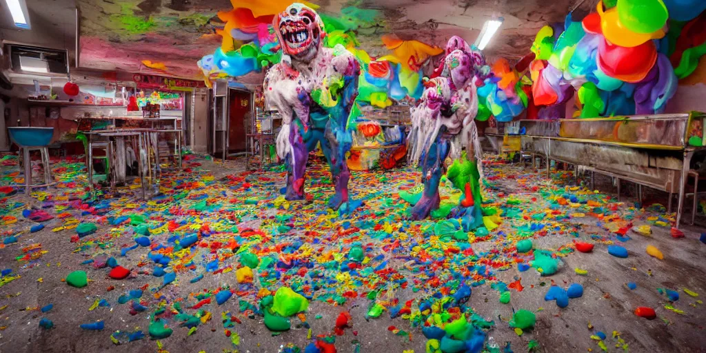 Image similar to a huge messy colorful puddle of runny melted ice cream on the floor of a abandoned ice cream parlor comes to life, raises to stand in the shape of a evil clown with sharp scary fangs attacking. a legion of evil gummy bares are behind.