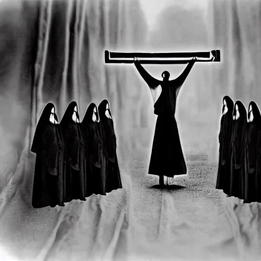 Image similar to black and white, award winning photo, levitating twin nuns each having 6 arms, wearing pentgram necklace, a guillotine is depicted, the nuns have Very long arms, in a sanctuary, eerie, frightening —width 1024 —height 1024