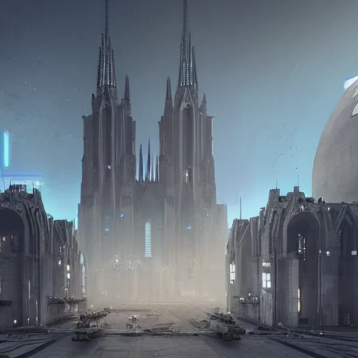 Prompt: a beautiful scifi rendering of massive brutalist industrial military gothic cathedral buildings and mri machines by beeple and John Harris art, star wars, unreal engine, artstationmassive aircraft carrier towers futuristic gothic cathedral architecture with hangar bays