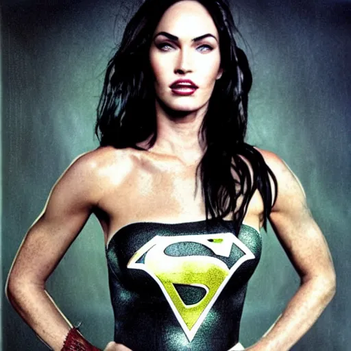 Prompt: portrait of Megan Fox as a super hero, highly detailed, photographed by Annie Leibovitz. full length photo.