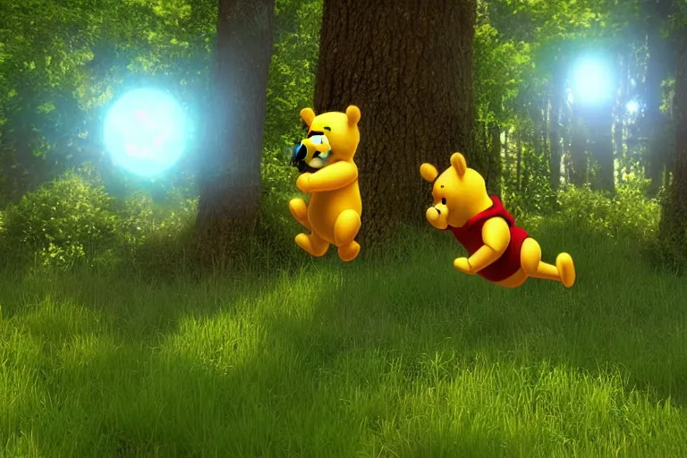 Image similar to winnie the pooh flying inside ufo above forest, unreal engine, volumetric light