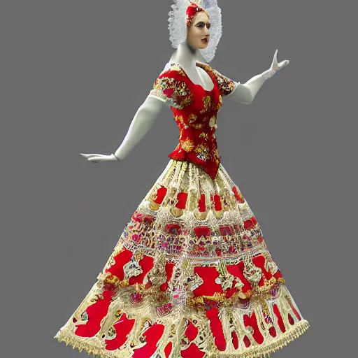 Image similar to ornate serbian traditional dress, fashion design, dress display, hyperrealistic, rendered 4 k, full view