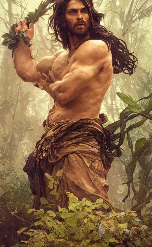 Image similar to god of the forest, 3 0 years old, rugged handsome, male, gorgeous, detailed face, clean lines, cinematic light, amazing, full body, flowers, muscular, intricate, highly detailed, digital painting, artstation, concept art, sharp focus, illustration, art by greg rutkowski and alphonse mucha