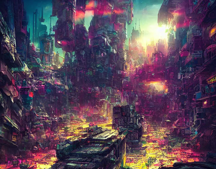 Image similar to “incredible post apocalyptic cyberpunk city ultradetailed wonderful landscape by Greg rutowski artstation featured cgart best concept art. Amazing colour scheme. Incredibly colourful. Rainbow. Stars falling. Ice blizzard. Angel spaceship”