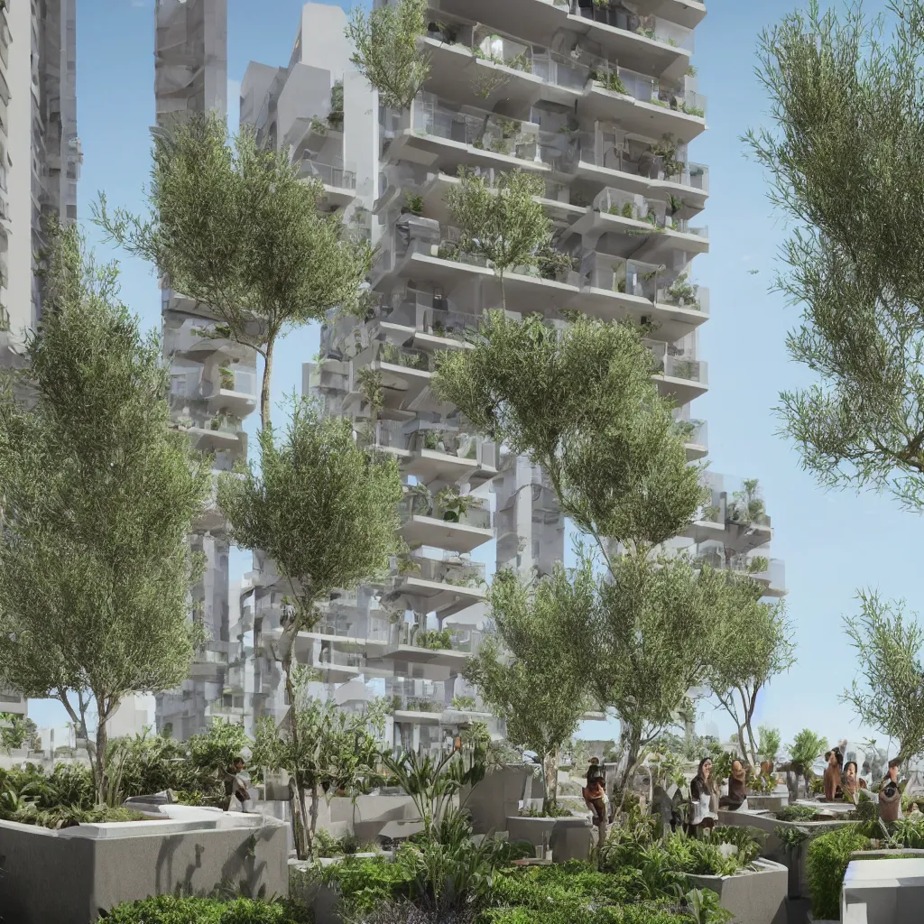 Image similar to 2 2 floor residential apartment, rooftop garden, olive trees