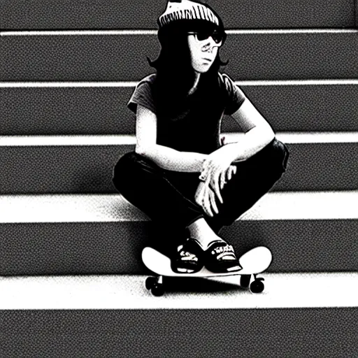 Image similar to skater girl sitting on steps by scott pilgrim, by bryan lee o'malley