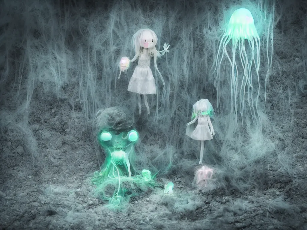 Image similar to cute fumo plush smiling ectoplasmic jellyfish ghost girl lingering in a mysterious concrete organic ruin, patchwork doll chibi gothic maiden in tattered melting rags, glowing wisps of hazy green smoke and eerie blue volumetric fog swirling about, moonlight, glowing lens flare, black and white, vray