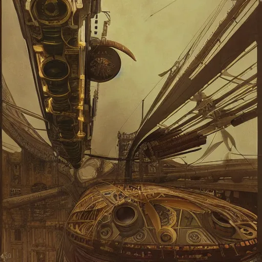 Prompt: a steampunk airship, seen from below, central composition, symetrical, alphonse mucha, realistic art deco, jean gireaud, hiroshi yoshida, artstation trending, painted by craig mullins