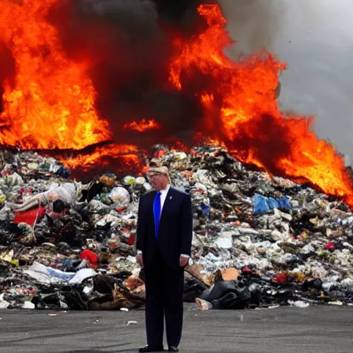 Image similar to trump on fire standing on top of a garbage dump, mar a lago