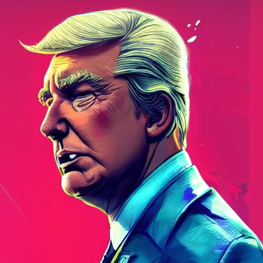 Prompt: donald trump as apex legends character, digital illustration portrait design, by android jones and greg rutkowski, retrowave color scheme, detailed, cinematic lighting, wide angle action dynamic portrait