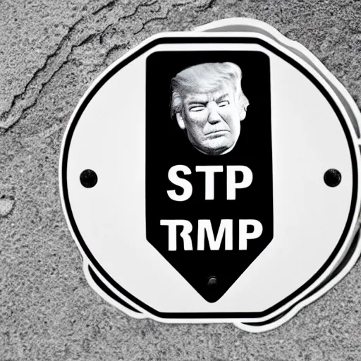 Image similar to a sticker that shows trump's face in black and white on a stop sign, close up, realistic, 8k.