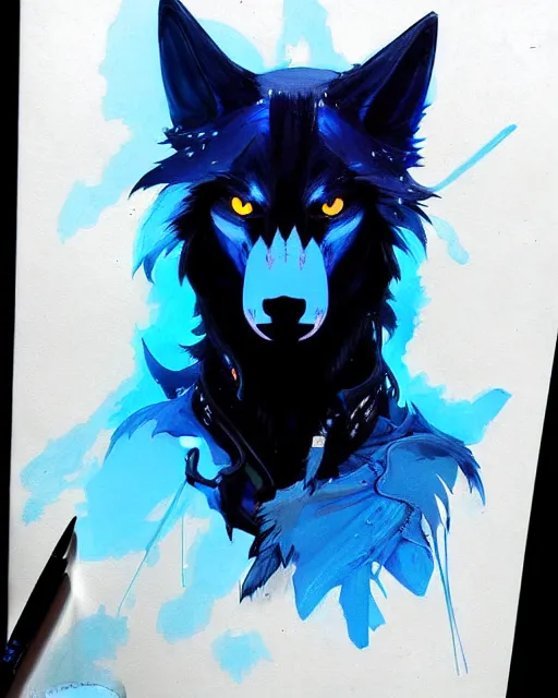 Image similar to concept art of a black wolf with blue neon wings, highly detailed painting by dustin nguyen, akihiko yoshida, greg tocchini, 4 k, trending on artstation, 8 k