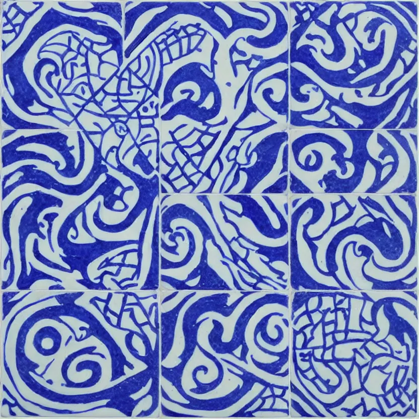 Image similar to azulejo blue and white painted tile art of cthulhu