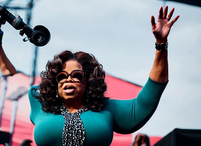 Image similar to photo still of oprah winfrey on stage at the vans warped tour 2 0 1 8!!!!!!!! at age 3 6 years old 3 6 years of age!!!!!!!! tossing bags of money into the crowd, 8 k, 8 5 mm f 1. 8, studio lighting, rim light, right side key light