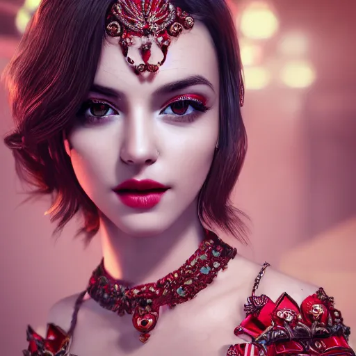 Image similar to wonderful princess with smooth fair skin, alluring eyes, red jewelry, breathtaking, elegant, intricate, ornate backdrop, hyper detailed, accent lighting, 4 k glamour photography, octane render