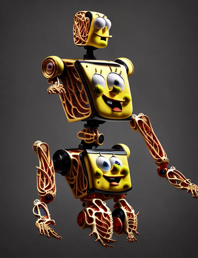 Prompt: complex 3 d render of a beautiful porcelain robot - spongebob face. red gold and black, fractal veins. dragon cyborg, 1 5 0 mm, beautiful natural soft light, rim light, gold fractal details, fine lace, mandelbot fractal, anatomical, glass, facial muscles, elegant, ultra detailed, metallic armor, octane render, depth of field