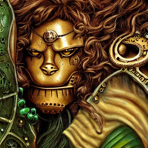 Image similar to detailed fantasy painting of steampunk Cowardly Lion from Wizard of Oz hiding from people in the Emerald City, 8k resolution