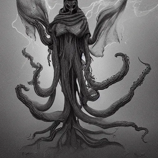 Image similar to concept designs for an ethereal ghostly wraith like figure made from wispy billowing smoke and sparks of electricity with a squid like parasite latched onto its head and long tentacle arms that flow lazily but gracefully at its sides like a cloak while it floats around a frozen rocky tundra in the snow searching for lost souls and that hides amongst the shadows in the trees, this character has hydrokinesis and electrokinesis for the resident evil village video game franchise with inspiration from bioshock the game franchise and Bloodborne and the mind flayer from stranger things on netflix in the style of a marvel comic