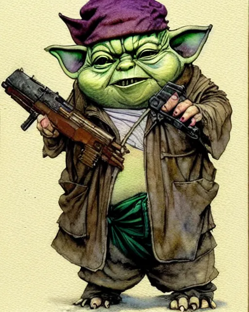 Image similar to a realistic and atmospheric watercolour fantasy character concept art portrait of a fat sleazy homeless chibi yoda wearing a wife beater and holding a handgun, by rebecca guay, michael kaluta, charles vess and jean moebius giraud