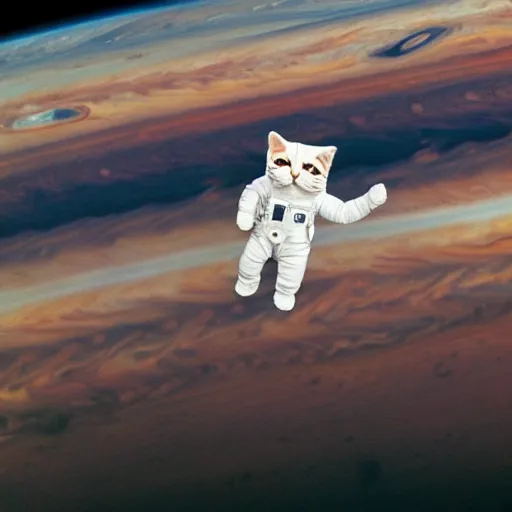 Image similar to cat with astronaut suit flying over the jupiter, photo