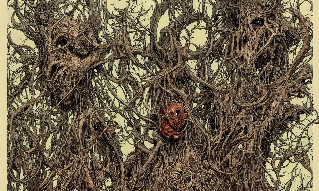 Image similar to hyperdetailed art nouveau portrait of treebeard as a cthulhu eyeball moose skull wendigo cryptid monster, by geof darrow, simon bisley and bill sienkiewicz, grim yet sparkling atmosphere, photorealism, claws, skeleton, antlers, fangs, forest, wild, crazy, horror, lynn varley, lovern kindzierski, steve oliff