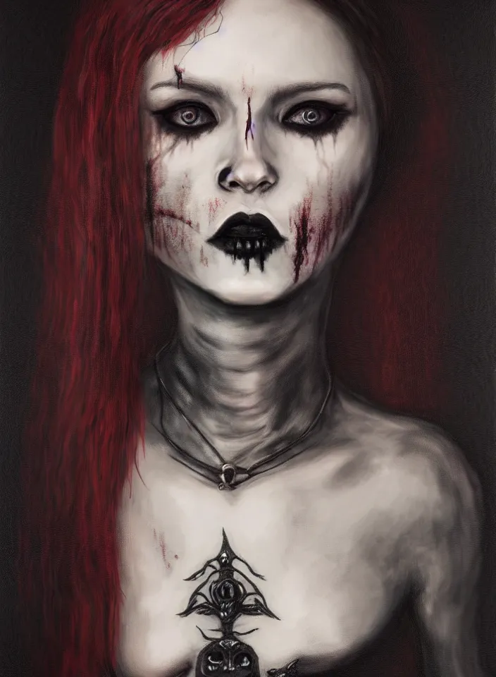 Prompt: a half portrait of a young female vampire wearing a gothic dress from skyrim, fantasy setting, beautiful face, dark colors, scary lighting, atmospheric, cinematic, moody, in the style of diego koi, gina heyer, luiz escanuela, art by alyssa monk, hyperrealism, rule of thirds, golden ratio, oil on canvas, 8 k