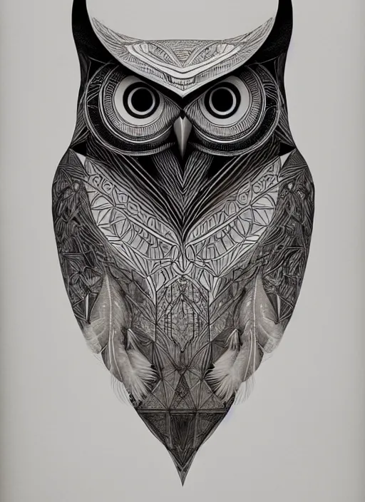 Image similar to portrait of a geometric owl, identical eyes, medium shot, illustration, full body made of white feathers, symmetrical, art stand, super detailed, cinematic lighting, and its detailed and intricate, gorgeous, by peter mohrbacher