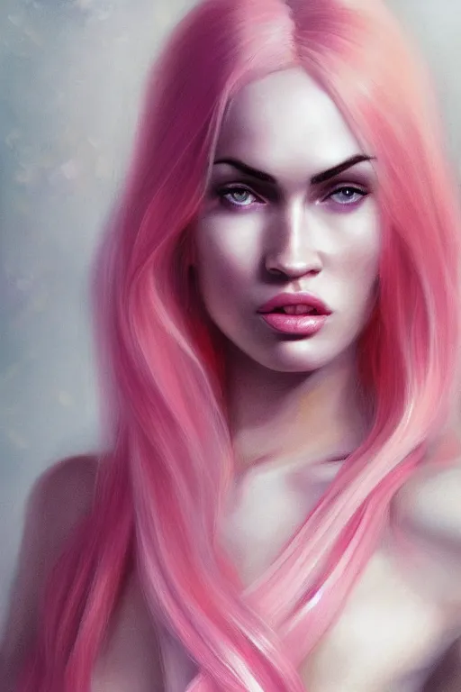 Image similar to Portrait of a beautiful pale skin Nordic female megan fox with long pink hair, elegant, photorealistic, highly detailed, artstation, smooth, sharp focus, gold ornaments, neon lighting, sci-fi, art by Klimt