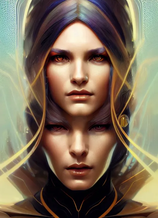 Image similar to futuristic woman portrait, sci-fi, amber eyes, face, long hair, fantasy, intricate, elegant, highly detailed, digital painting, artstation, concept art, smooth, sharp focus, illustration, art by artgerm and greg rutkowski and alphonse mucha