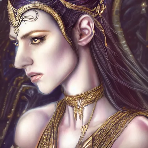 Prompt: side portrait of elven royalty, princess, queen, fantasy, black hair, gold armour, gold jewelry, white skin, detailed face, trending on artstation, gsociety, D&D, elegant, highly detailed, hyperrealistic, realistic eyes, detailed illustration, smooth, sharp focus, upper body, intricate, rule of thirds, holy glow, backlit, hd 4k by Greg Rutkowski, Alphonse Mucha, Ayami Kojima, Charlie Bowater, Kentaro Miura, Karol Bak