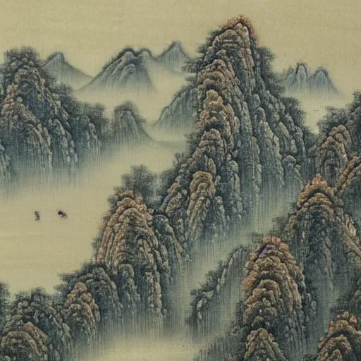 Image similar to a chinese landscape painting of a building in a serene landscape