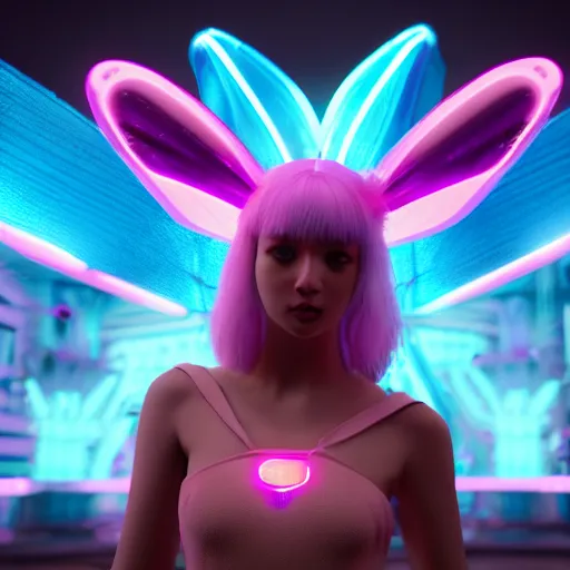 Image similar to neon fluorescent, iridescent cute bunny rabbits with fairy wings cyperpunk 2 0 7 7, unreal engine 5, 8 k ultra realistic, hyperdetailed, volumetric lighting, extremely high quality