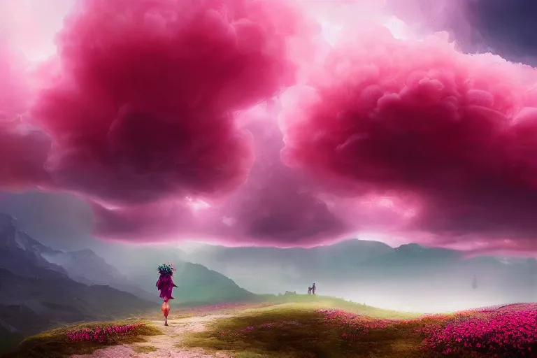 Image similar to giant dahlia flower crown under head, girl walking on mountain, surreal photography, pink storm clouds, dramatic light, impressionist painting, digital painting, artstation, simon stalenhag