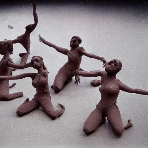 Image similar to melting dancers made of clay and mud on a tanztheater of nature, ultradetailled, ektachrome,