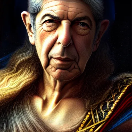 Prompt: glorious full head portrait of Leonard Cohen as thor, fantasy, intricate, elegant, digital painting, trending on artstation, concept art, sharp focus, illustration by Gaston Bussiere and artgerm, 4k.