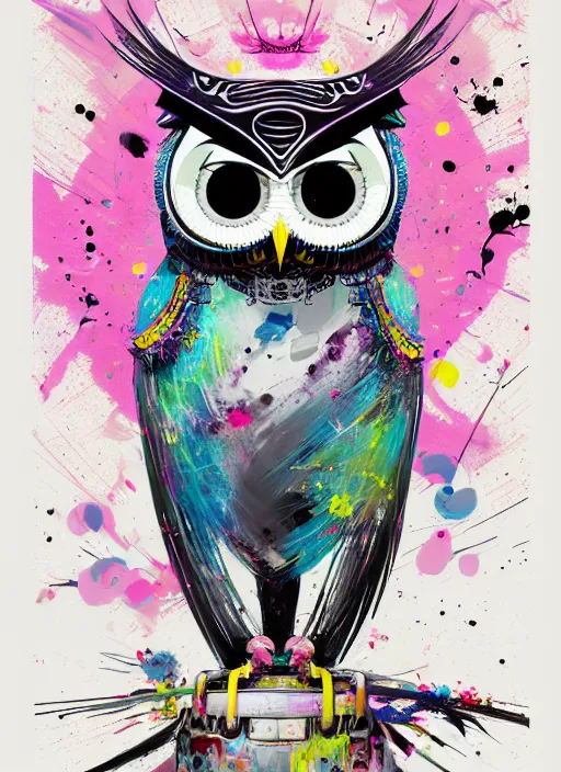 Image similar to arrogant elegant medium shot of white one - eyes owl dressed in samurai garment, pixiv fanbox, dramatic lighting, maximalist pastel color palette, splatter paint, pixar and disney exploded - view drawing, graphic novel by fiona staples and dustin nguyen, peter elson, alan bean, wangechi mutu, clean cel shaded vector art, trending on artstation