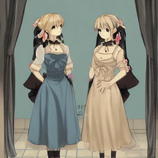 Image similar to a scene of two beautiful maids standing face to face , detailed anime art