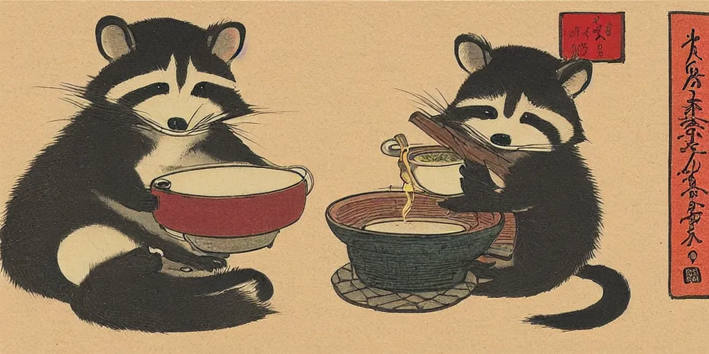 Image similar to little raccoon sitting by a cozy fireplace with a cup of tea. warm color temperature. ukiyo - e,