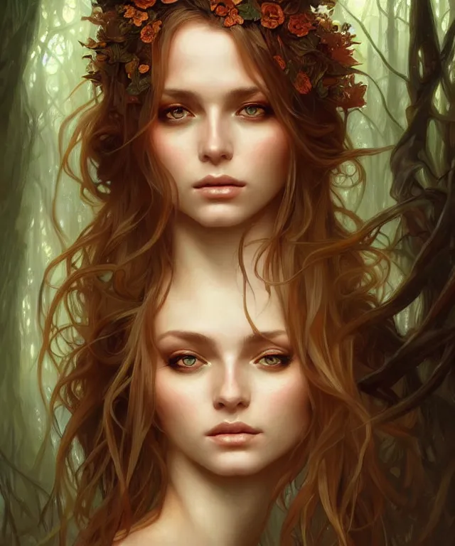 Image similar to Forest nymph woman portrait, amber eyes, face, long hair, fantasy, intricate, elegant, highly detailed, digital painting, artstation, concept art, smooth, sharp focus, illustration, art by artgerm and greg rutkowski and alphonse mucha