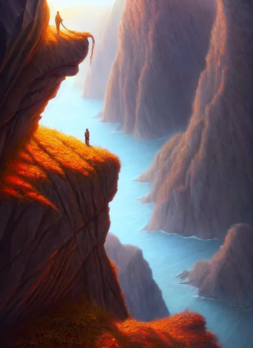 Image similar to autumn mornings in the low - poly cliffs of illusions, diffuse lighting, fantasy, intricate, surrealism!!!!, highly detailed, lifelike, photorealistic, digital painting, artstation, illustration, concept art, smooth, sharp focus, by greg rutkowski, chris tulloch mccabe, valentina remenar and asher duran,