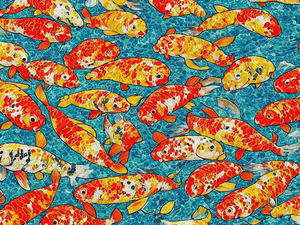 Image similar to breathtaking detailed concept art painting kaleidoscope of koi carp collage illustration pattern, 1 5 0 mm, tiny, small, miniature, short, cute and adorable, digital painting, highly detailed, intricate, elegant, artstation, concept art, colorful, beautiful, studio ghibli, aoshima chiho, takashi murakami, manga, cute and adorable